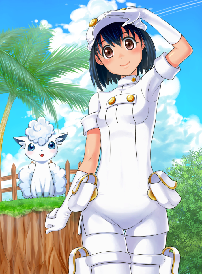 10s, 1girl, aether_foundation_employee, aether_foundation_employee_(female), alolan_form, alolan_vulpix, black_hair, blue_sky