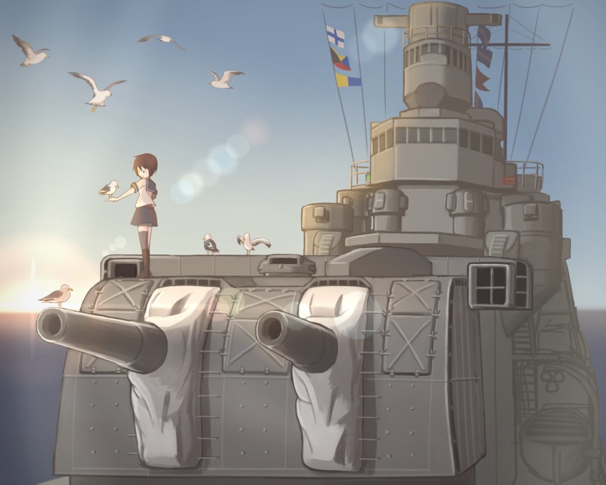 10s, 1girl, bird, brown_hair, cannon, commentary_request, cruiser, female_focus, flag, furutaka_(cruiser), furutaka_(kancolle), highres, historical_name_connection, kantai_collection, lens_flare, military, military_vehicle, name_connection, object_namesake, ocean, personification, seagull, ship, ship_turret, shiro_yukimichi, short_hair, skirt, solo, sun, sunrise, vehicle_and_personification, warship, watercraft, world_of_warships