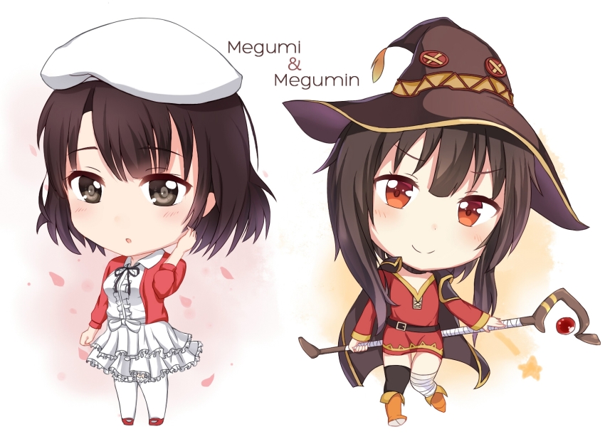 10s, 2girls, bandaged_leg, bandages, beret, brown_eyes, brown_hair, cape, center_frills, character_name, chibi, crossover, dress, frills, hat, highres, katou_megumi, kono_subarashii_sekai_ni_shukufuku_wo!, megumin, multiple_girls, name_connection, saenai_heroine_no_sodatekata, short_hair_with_long_locks, smile, staff, thighhighs, tsukimiya_yuuko, white_hat, witch_hat, zettai_ryouiki