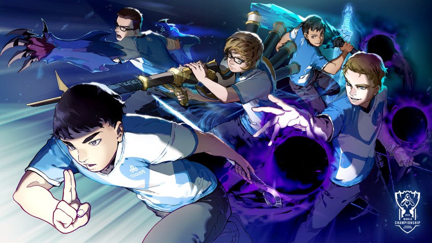 2016_league_of_legends_world_championship, 5boys, animification, bow_(weapon), claws, cloud9, club_(weapon), crossbow