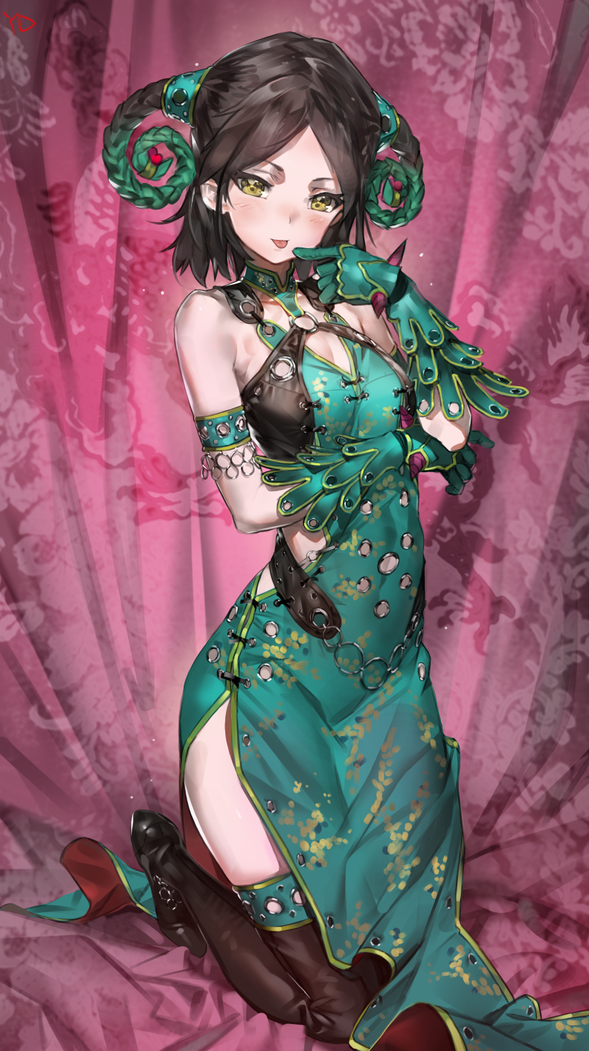 1girl, absurdres, animification, armlet, artist_name, bare_shoulders, belt, black_hair, black_thighhighs, blush, braid, breasts, china_dress, chinese_clothes, dress, female_focus, gloves, green_dress, green_gloves, green_hair, hair_ornament, highres, jewelry, juuken_sentai_gekiranger, kneeling, looking_at_viewer, mele, multicolored_hair, naughty_face, o-ring, pelvic_curtain, short_hair, side_slit, sleeveless, sleeveless_dress, small_breasts, smile, solo, super_sentai, thighhighs, tongue, tongue_out, twin_braids, two-tone_hair, yd_(orange_maru), yellow_eyes