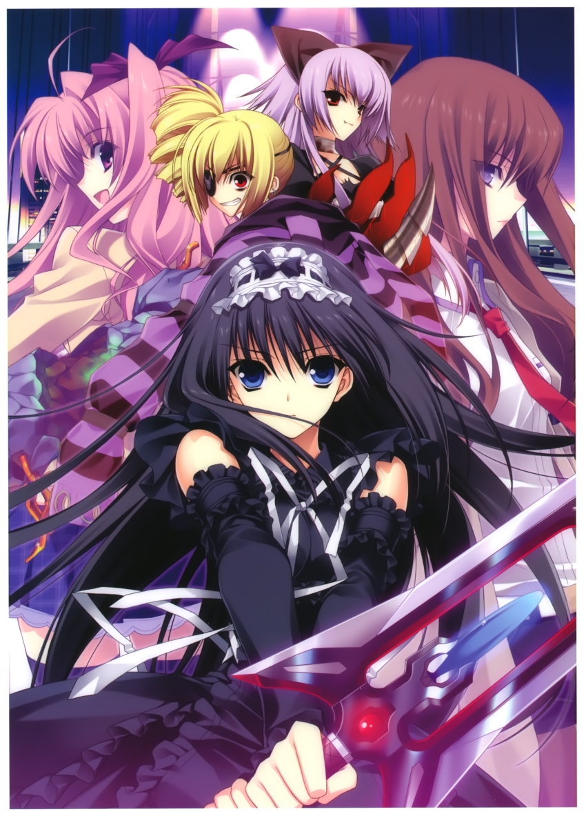 00s, 5girls, 5pb., absurdres, belt, black_dress, black_hair, black_pantyhose