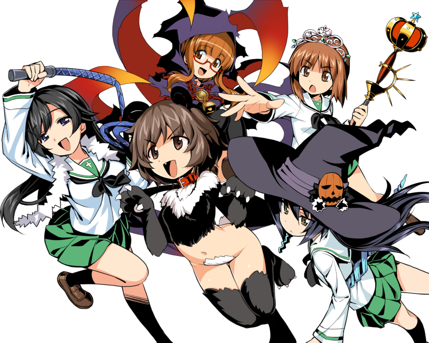 10s, 5girls, akiyama_yukari, alternate_costume, animal_costume, animal_ears, animal_hands, atlus, bell, black_eyes, black_hair, black_legwear, blouse, blunt_bangs, brown_eyes, brown_footwear, brown_hair, c-string, cosplay, curse_maker, curse_maker_(cosplay), dark_hunter_(cosplay), dark_hunter_(sekaiju), diadem, doctor_magus, doctor_magus_(cosplay), etrian_odyssey, eye_of_horus, fake_animal_ears, fake_tail, fang, full_body, girls_und_panzer, glasses, gloves, green_skirt, halloween, halloween_costume, hat, highres, holding, holding_weapon, isuzu_hana, jack-o'-lantern, loafers, long_hair, long_sleeves, looking_at_viewer, messy_hair, midriff, miniskirt, multiple_girls, namonashi, neckerchief, nishizumi_miho, ooarai_school_uniform, open_mouth, orange_eyes, orange_hair, panda_costume, panda_ears, panda_tail, paw_gloves, paw_shoes, pet_(sekaiju), pet_(sekaiju)_(cosplay), pleated_skirt, princess_(sekaiju), princess_(sekaiju)_(cosplay), red-framed_eyewear, reizei_mako, school_uniform, sega, semi-rimless_eyewear, serafuku, shirt, shoes, short_hair, simple_background, skirt, smile, socks, staff, standing, strapless_bottom, tail, takebe_saori, thighhighs, under-rim_eyewear, weapon, whip, white_background, white_shirt, witch, witch_hat