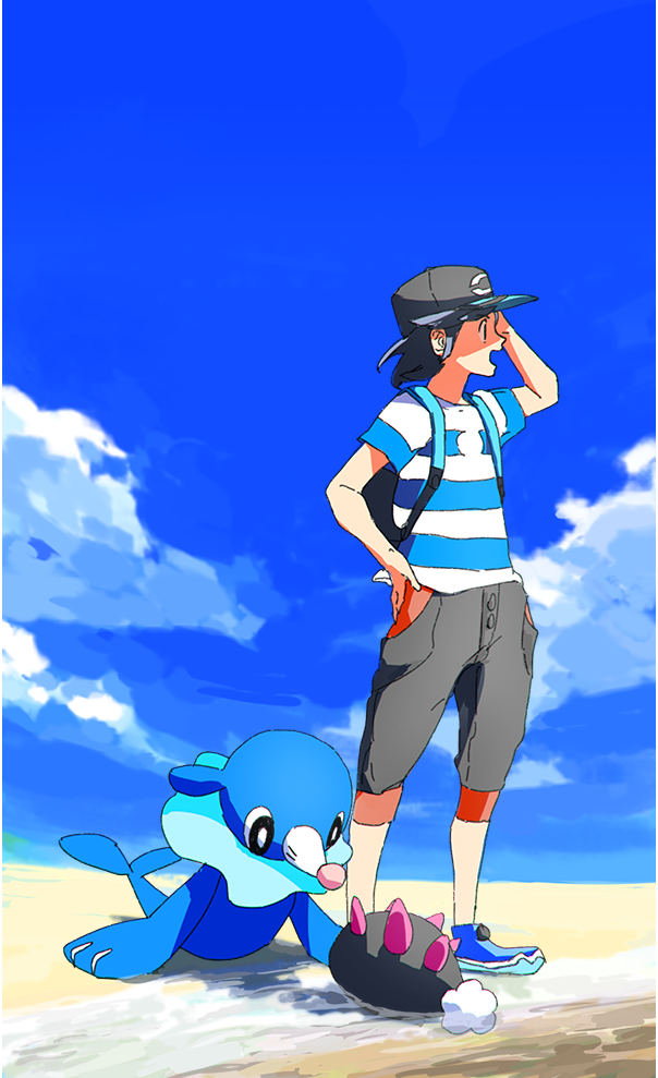 1boy, adjusting_hair, backpack, bag, baseball_cap, beach, black_hair, blue_sky