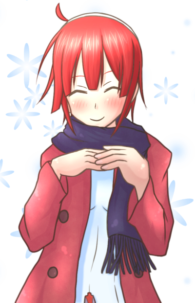 1girl, ahoge, alex_martin, artist_request, blue_scarf, blush, caladrius, closed_eyes