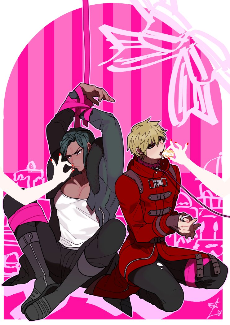 10s, 2boys, bad_id, bad_twitter_id, blonde_hair, boots, bound, chocolate