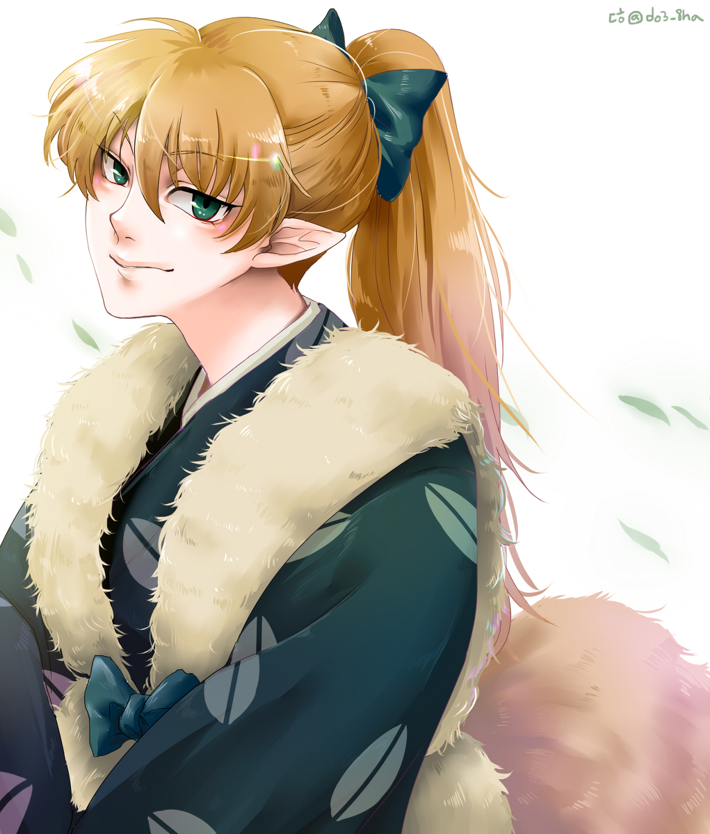 1boy, aged_up, bow, brown_hair, fox_tail, fur_vest, green_eyes, green_ribbon