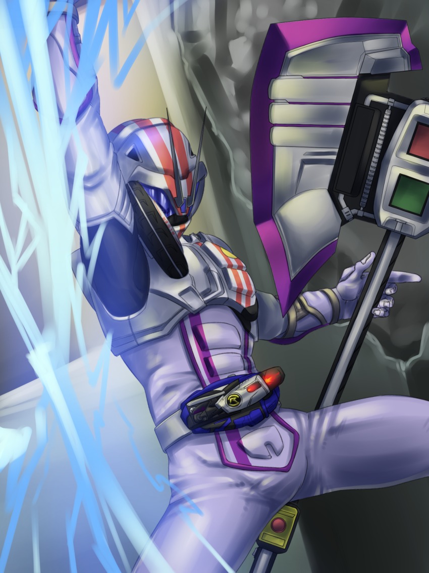 1boy, antennae, armor, axe, belt, blue_eyes, helmet, highres, kamen_rider, kamen_rider_chaser, kamen_rider_chaser_mach, kamen_rider_drive_(series), kamen_rider_mach, male_focus, solo, spoilers, unused_tire, uozumi_hiroaki, weapon