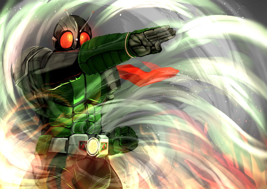 1boy, absurdres, antennae, armor, belt, ebi_(il14021), gauntlets, helmet, henshin_pose, highres, kamen_rider, kamen_rider_(1st_series), kamen_rider_1, kamen_rider_1_(power-up), male_focus, red_eyes, scarf, solo, wind