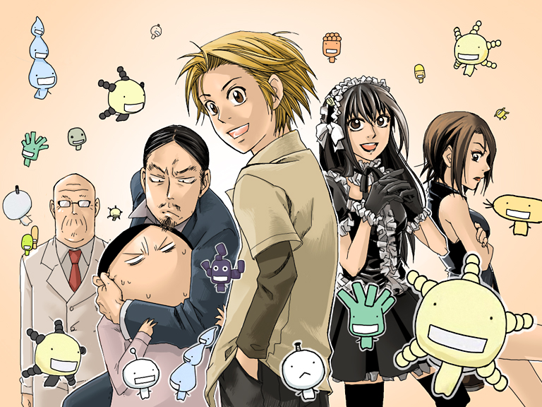 1girl, 5boys, beige_background, blonde_hair, chrysogenum, everyone, expressionless, facial_hair, from_behind, hasegawa_haruka, itsuki_keizou, kawahama_takuma, kuji, long_sleeves, looking_at_viewer, looking_back, misato_kaoru, moyashimon, multiple_boys, mustache, oryzae-tan, sawaki_souemon_tadayasu, short_hair, simple_background, trap, uniform, yuuki_kei