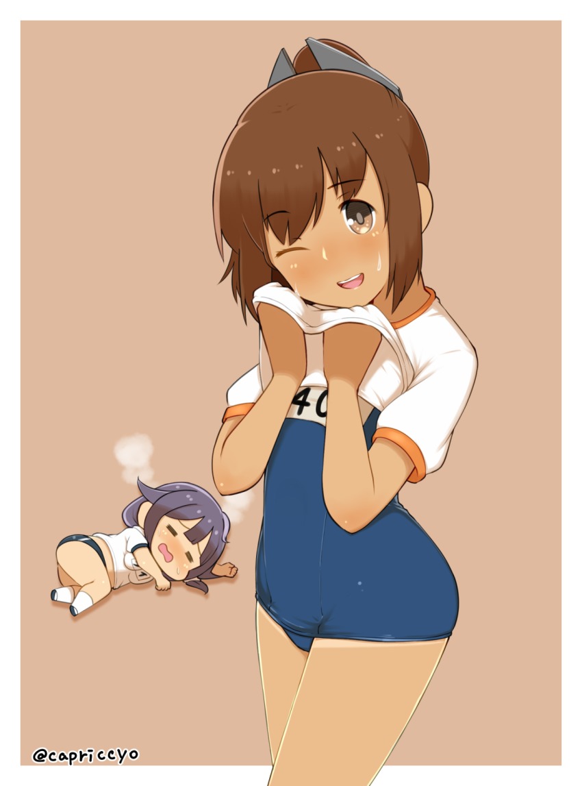 10s, 2girls, breasts, breath, brown_hair, buruma, capriccyo, chibi