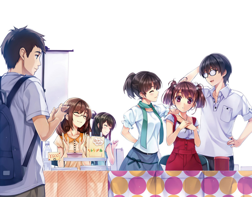 2boys, 4girls, aki_tomoya, breasts, brown_hair, clapping, closed_eyes, glasses, highres, kashima_izumi, katou_megumi, large_breasts, misaki_kurehito, multiple_boys, multiple_girls, official_art, opaque_glasses, headpat, red_eyes, red_hair, saenai_heroine_no_sodatekata, scarf, shirt, skirt, small_breasts, smile, table