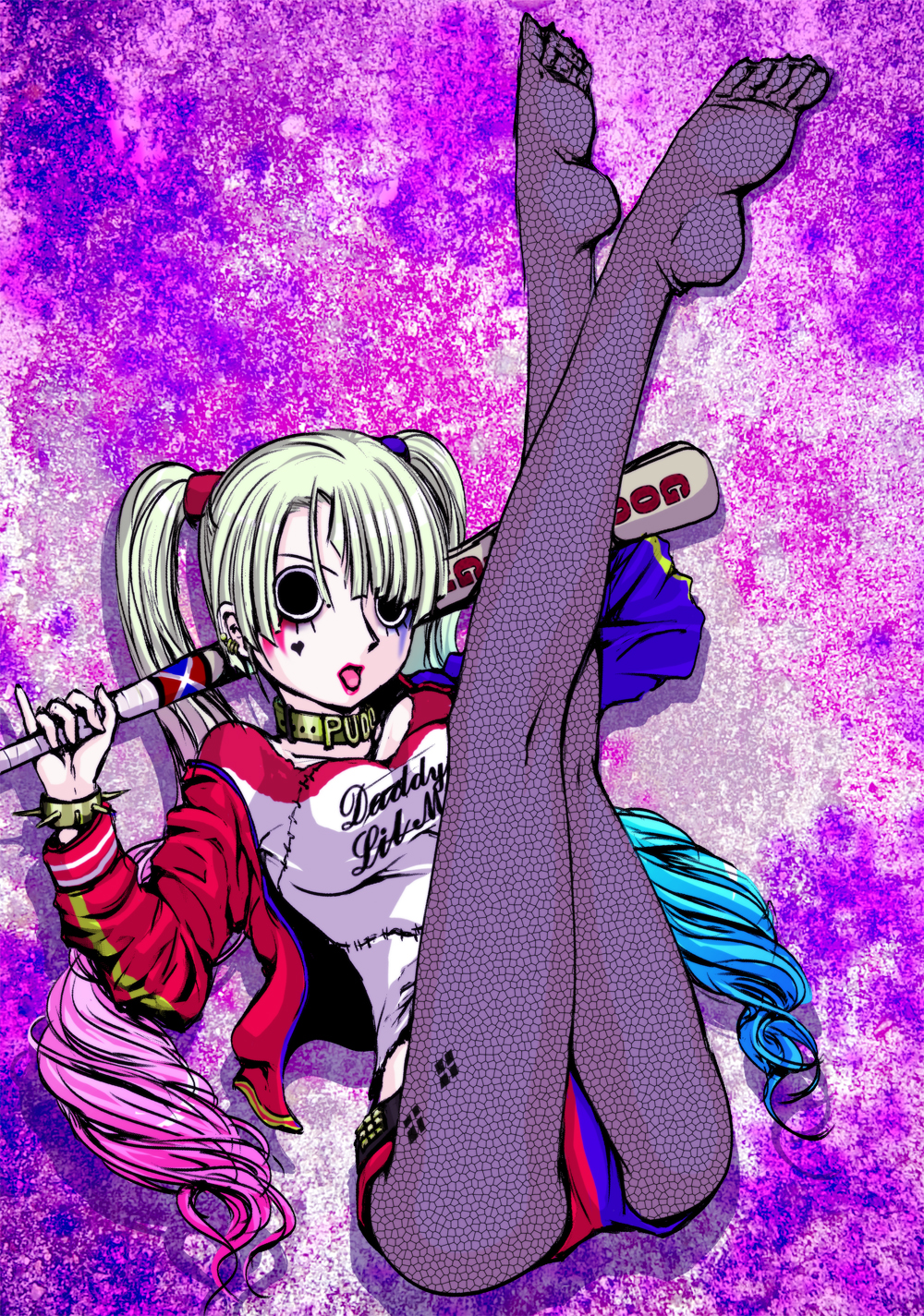 1girl, ass, baseball_bat, batman_(series), belt, big_hair, blonde_hair, blue_hair