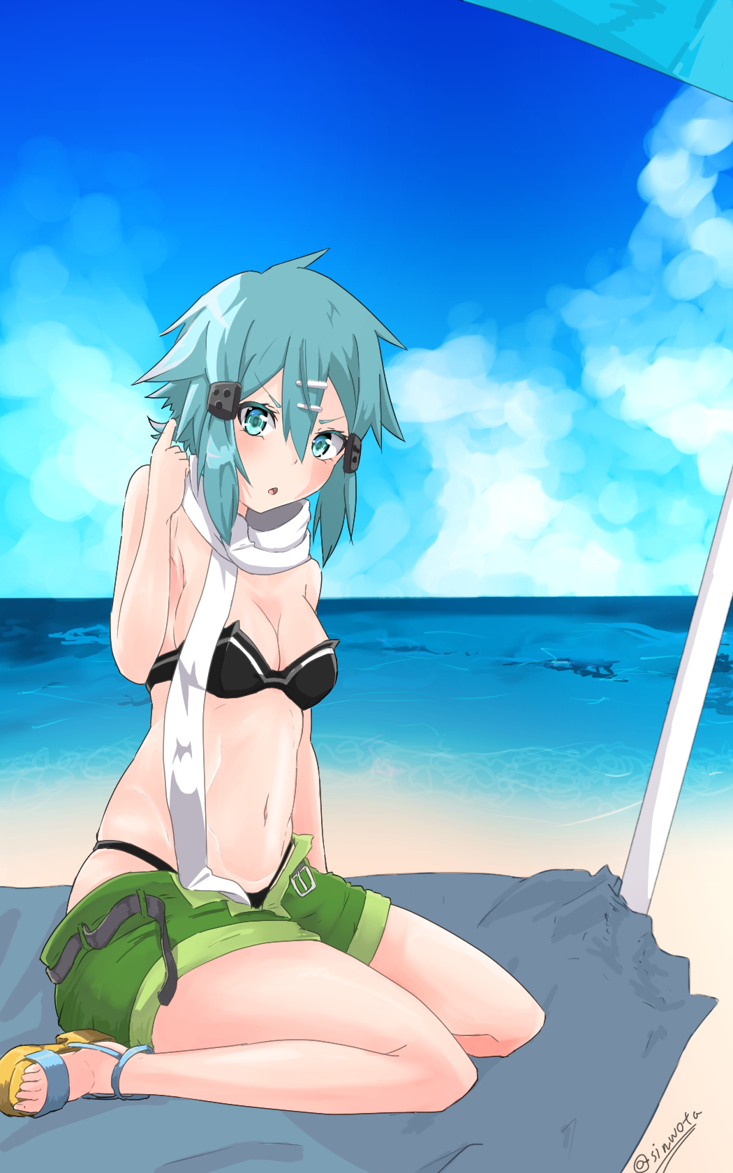 10s, 1girl, bad_id, bad_pixiv_id, beach, beach_towel, bikini, blue_eyes