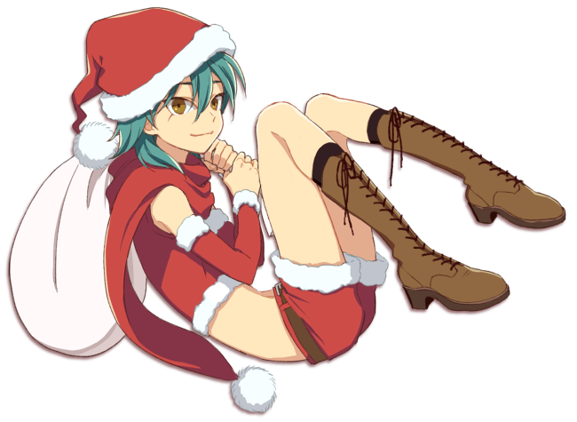 1boy, aqua_hair, boots, crop_top, detached_sleeves, full_body, hat, high_heel_boots
