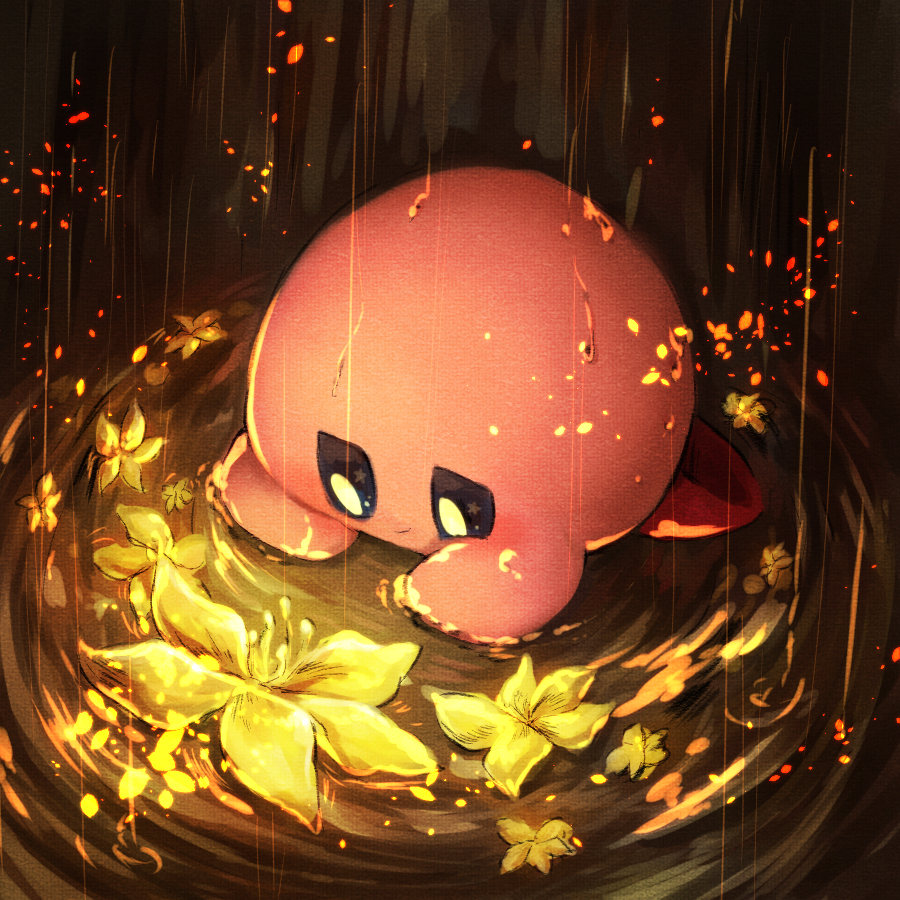 bad_id, bad_pixiv_id, flower, gradient_background, kirby, kirby_(series), lily_(flower), lying_on_water
