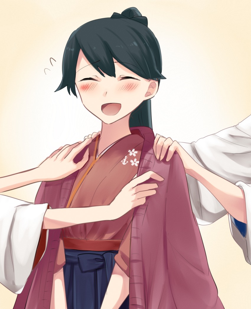 10s, 3girls, ^_^, akagi_(kancolle), blue_skirt, blush, cardigan, closed_eyes, commentary_request, dressing, gradient_background, guricoogen, gurikougen, hakama, hakama_skirt, hands_on_another's_shoulders, highres, houshou_(kancolle), japanese_clothes, kaga_(kancolle), kantai_collection, multiple_girls, open_mouth, ponytail, simple_background, skirt, wide_sleeves