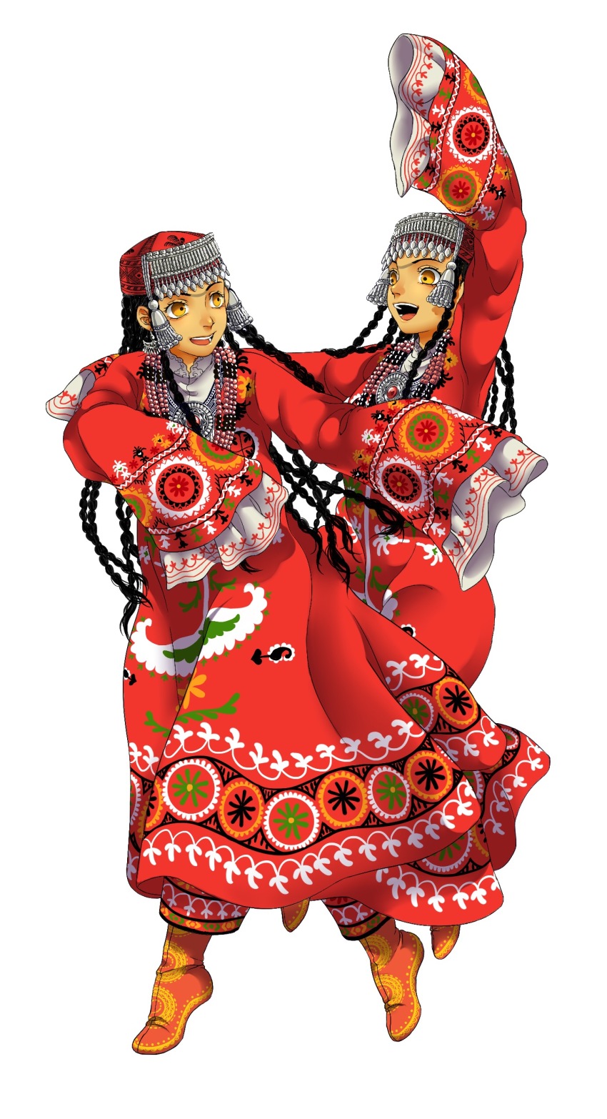 2girls, :d, absurdres, black_hair, braid, brown_eyes, dark-skinned_female, dark_skin