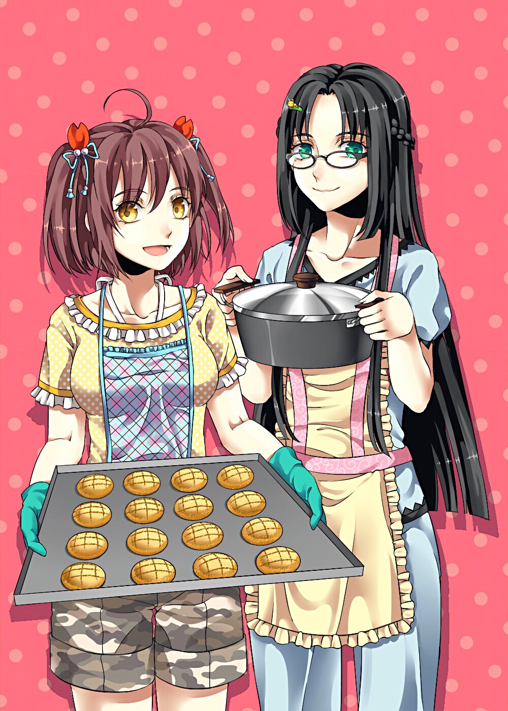 2girls, :d, ahoge, apron, black_hair, bread, breasts, brown_hair