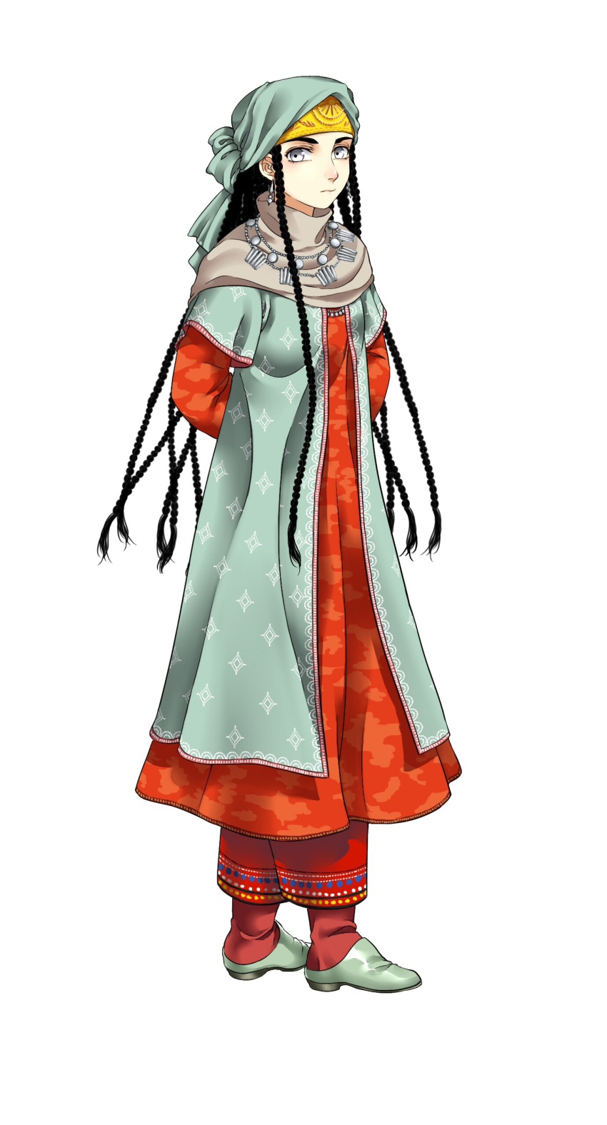 1girl, absurdres, arms_behind_back, black_eyes, black_hair, braid, female_focus, grey_eyes