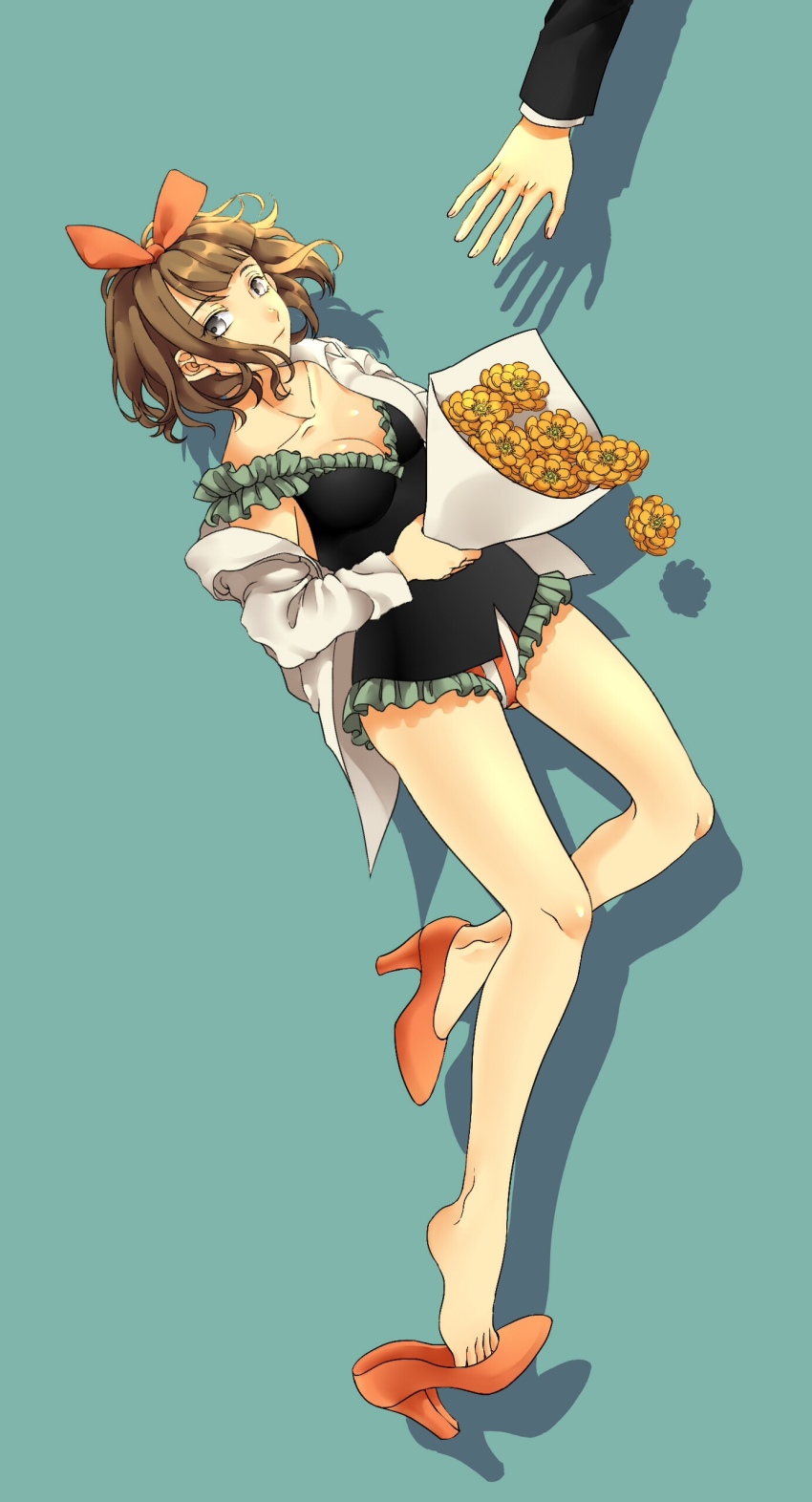 1girl, absurdres, aqua_background, black_eyes, bouquet, bow, breasts, brown_hair
