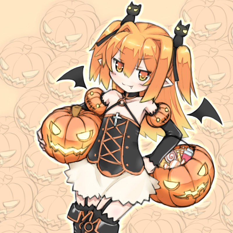 1girl, :3, bare_shoulders, black_thighhighs, blush, bodice, boots, brooch