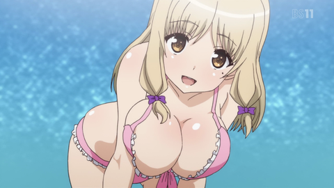 10s, 1girl, bikini, blonde_hair, breasts, brown_eyes, cleavage, hair_ribbon