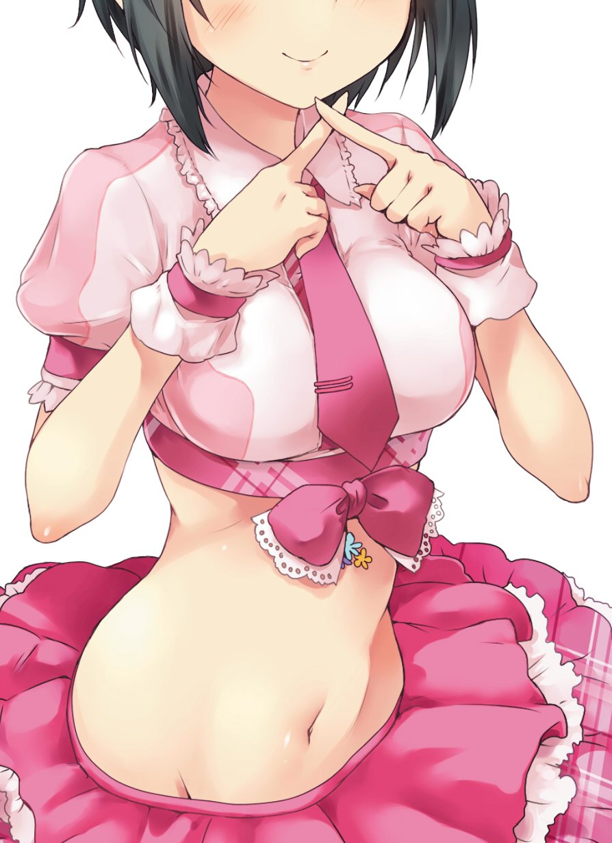 1girl, blush, cosplay, crop_top, crossed_fingers, female_focus, groin, head_out_of_frame, highres, idolmaster, idolmaster_cinderella_girls, kohinata_miho, midriff, navel, necktie, paopao, plaid, shimamura_uzuki, shimamura_uzuki_(cosplay), short_hair, smile, solo, stomach, wrist_cuffs, x_fingers