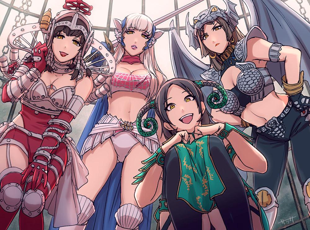 4girls, animification, armor, black_hair, black_panties, breasts, brown_hair, cape, choker, cleavage, collar, crossover, denus, engine_sentai_go-onger, evil_spirit_princess_denus, gloves, helmet, juuken_sentai_gekiranger, kegalesia, kyuukyuu_sentai_gogofive, large_breasts, long_hair, looking_at_viewer, looking_down, mele, midriff, multiple_girls, panties, pantyshot, sassa_(cb), seijuu_sentai_gingaman, shelinda, silver_hair, smile, super_sentai, sword, underwear, weapon, wings, yellow_eyes