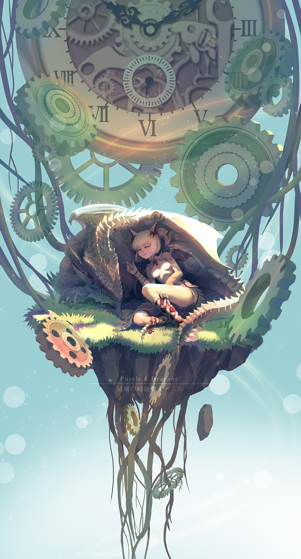 1girl, analog_clock, blonde_hair, blue_background, bob_cut, bow, claws, clock