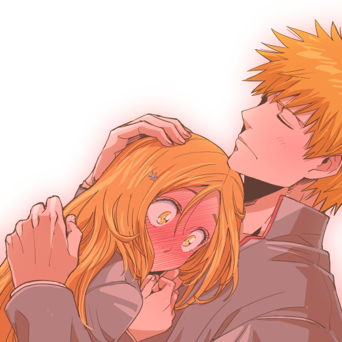 1boy, 1girl, 3mm, bad_id, bad_pixiv_id, bleach, blonde_hair, blush, couple, closed_eyes, full-face_blush, hair_ornament, hetero, hug, inoue_orihime, kurosaki_ichigo, long_hair, lowres, orange_hair, school_uniform, yellow_eyes