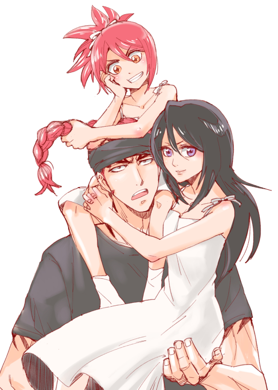 1boy, 2girls, 3mm, abarai_ichika, abarai_renji, bad_id, bad_pixiv_id, black_hair, bleach, bleach:_epilogue, braid, carrying, family, father_and_child, father_and_daughter, husband_and_wife, kuchiki_rukia, long_hair, mother_and_child, mother_and_daughter, multiple_girls, orange_eyes, parent_and_child, purple_eyes, red_hair, shoulder_carry, sitting_on_shoulder, spoilers, tattoo