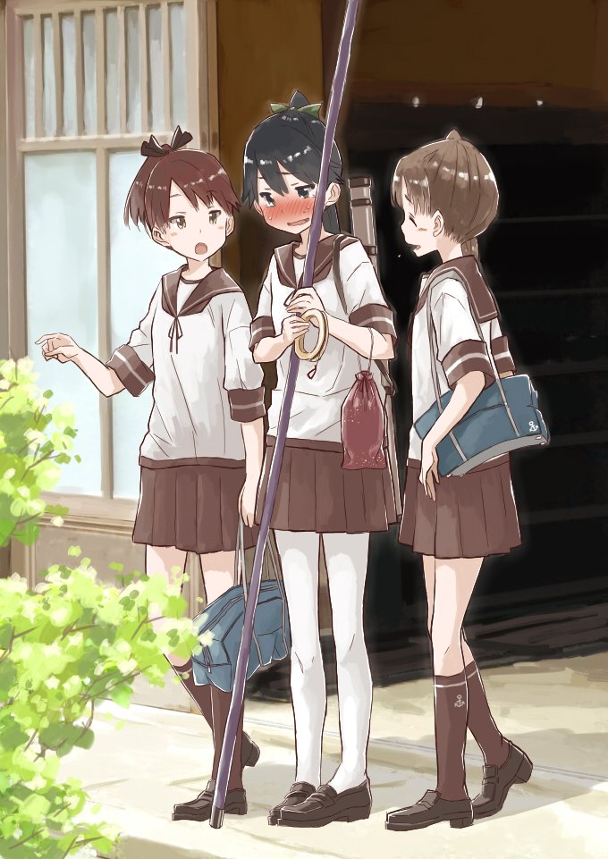 3girls, ayanami_(kancolle), ayanami_(kancolle)_(cosplay), bag, blush, boots, breasts, commentary_request