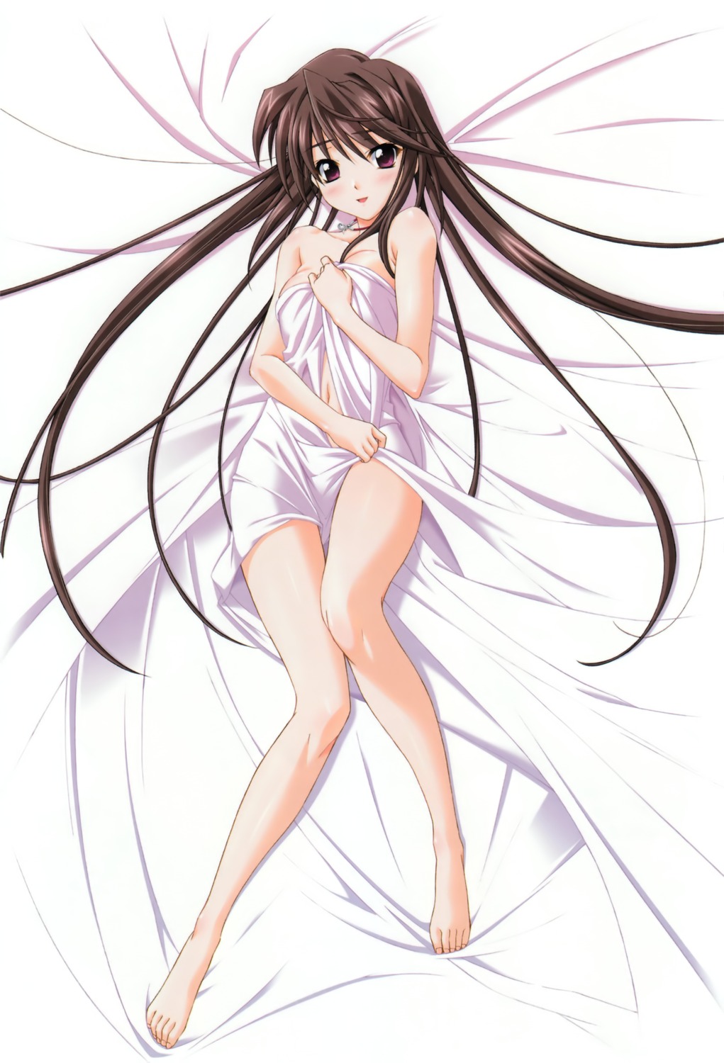 1girl, barefoot, bed_sheet, brown_eyes, brown_hair, collarbone, dakimakura_(medium), feet, female_focus, from_above, highres, hina_asuka, jewelry, koshimizu_takayuki, long_hair, looking_at_viewer, lying, memories_off#5, naked_sheet, navel, necklace, on_back, solo