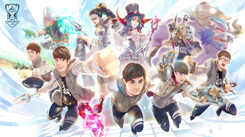 2girls, 6+boys, aa2233a, academy_ekko, alistar_(league_of_legends), alternate_costume, baton, brown_eyes