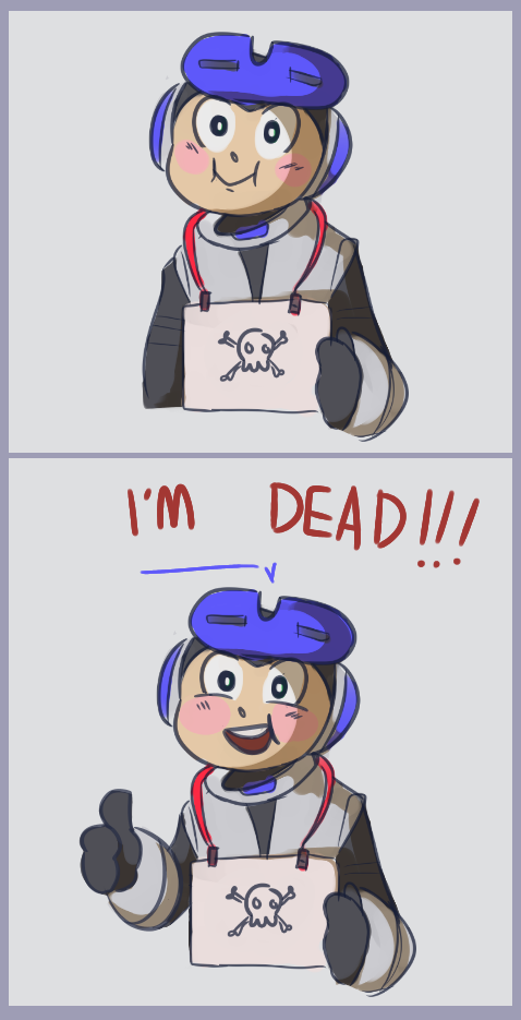 2koma, beck_(mighty_no._9), blush, blush_stickers, comic, commentary, english_text, follyknight, goggles, goggles_on_head, mighty_no._9, parks_and_recreation, parody, robot, sign, smile, solo, thumbs_up