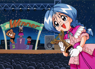 1girl, 2boys, glasses, gloves, lowres, multiple_boys, podium, puchi_carat