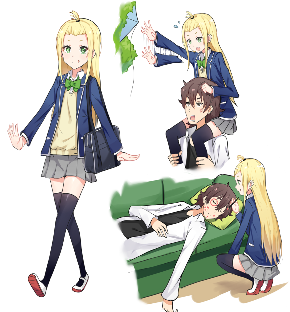 10s, 1boy, 1girl, :q, afterimage, anger_vein, bag, black_thighhighs, blonde_hair, bow, bowtie, brown_eyes, brown_hair, buchou_(kono_bijutsubu_niwa_mondai_ga_aru!), carrying, closed_mouth, colette_(kono_bijutsubu_niwa_mondai_ga_aru!), collared_shirt, couch, drawing_on_another's_face, dress_shirt, flying_sweatdrops, grabbing_another's_hair, green_bow, green_bowtie, green_eyes, grey_skirt, hand_on_own_stomach, holding, holding_another's_hair, kenkaizar, kite, kono_bijutsubu_niwa_mondai_ga_aru!, leg_grab, long_hair, long_sleeves, lying, motion_lines, multiple_views, on_back, open_clothes, open_shirt, outstretched_arm, paintbrush, pleated_skirt, profile, rectangular_mouth, school_bag, school_uniform, shirt, shoes, shoulder_carry, skirt, sleeping, smile, squatting, sweater_vest, thighhighs, tongue, tongue_out, topknot, uwabaki, walking, waving, white_background, white_shirt, wing_collar, zettai_ryouiki