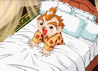 1boy, bed, by_(puchi_carat), lowres, pillow, puchi_carat, sweatdrop, taito