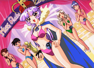 5girls, bikini, crown, long_hair, lowres, multiple_girls, puchi_carat, sapphire_corundum, short_hair, swimsuit, taito, trophy