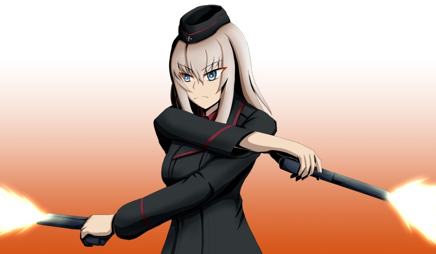 10s, 1girl, blue_eyes, dual_wielding, equilibrium, female_focus, firing, garrison_cap