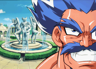 1boy, blue_hair, fountain, grin, lowres, opa_(puchi_carat), puchi_carat, smile