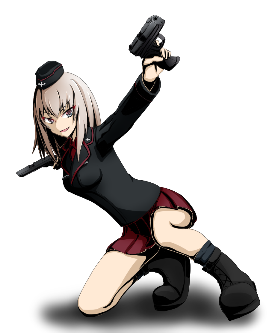 >:d, 10s, 1girl, :d, black_boots, black_hat, blue_eyes, boots, breasts, dual_wielding, female_focus, full_body, garrison_cap, girls_und_panzer, grey_hair, gun, h&amp;k_usp, handgun, hat, heckler_&amp;_koch, holding, itsumi_erika, knee_boots, legs_apart, long_hair, long_sleeves, looking_at_viewer, luminous_neko, military, military_uniform, on_one_knee, open_mouth, pistol, shaded_face, shadow, short_hair, skirt, small_breasts, smile, solo, thighs, tsurime, v-shaped_eyebrows, weapon, white_background