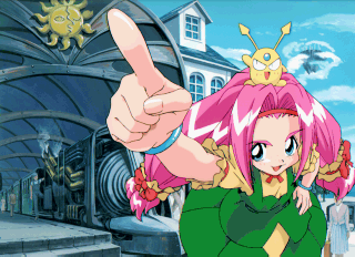 1girl, blue_eyes, kumi-kumi, lowres, pink_hair, pointing, puchi_carat, rquo_howlite