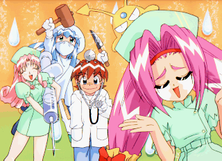 2boys, 2girls, aqua_(puchi_carat), dearl_aragonite, face_mask, garnet_grossular, hat, knife, kumi-kumi, lowres, mallet, mask, multiple_boys, multiple_girls, nurse, nurse_cap, puchi_carat, rquo_howlite, syringe, taito