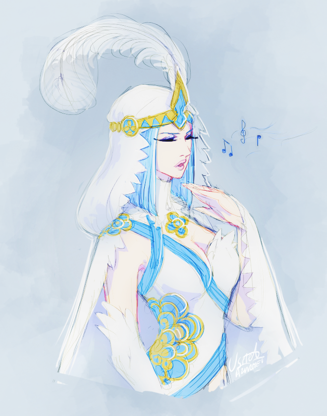 1girl, arete_(fire_emblem), artist_name, azurmet, beamed_quavers, blue_eyes, breasts, cape, cleavage, closed_eyes, dress, elbow_gloves, eyelashes, eyeshadow, feather_hair, female_focus, fire_emblem, fire_emblem_fates, gloves, large_breasts, lips, makeup, mature_female, music, musical_note, nintendo, quaver, short_hair, signature, singing, solo, treble_clef, veil, white_dress