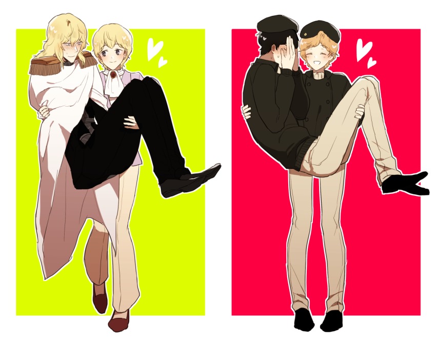 2boys, 2girls, beret, black_hair, blonde_hair, blush, carrying, couple, covering_face, epaulettes, frederica_greenhill, ginga_eiyuu_densetsu, hat, heart, hetero, hildegard_von_mariendorf, long_hair, military, military_uniform, multiple_boys, multiple_girls, posssico, princess_carry, reinhard_von_lohengramm, reverse_princess_carry, short_hair, yang_wen-li