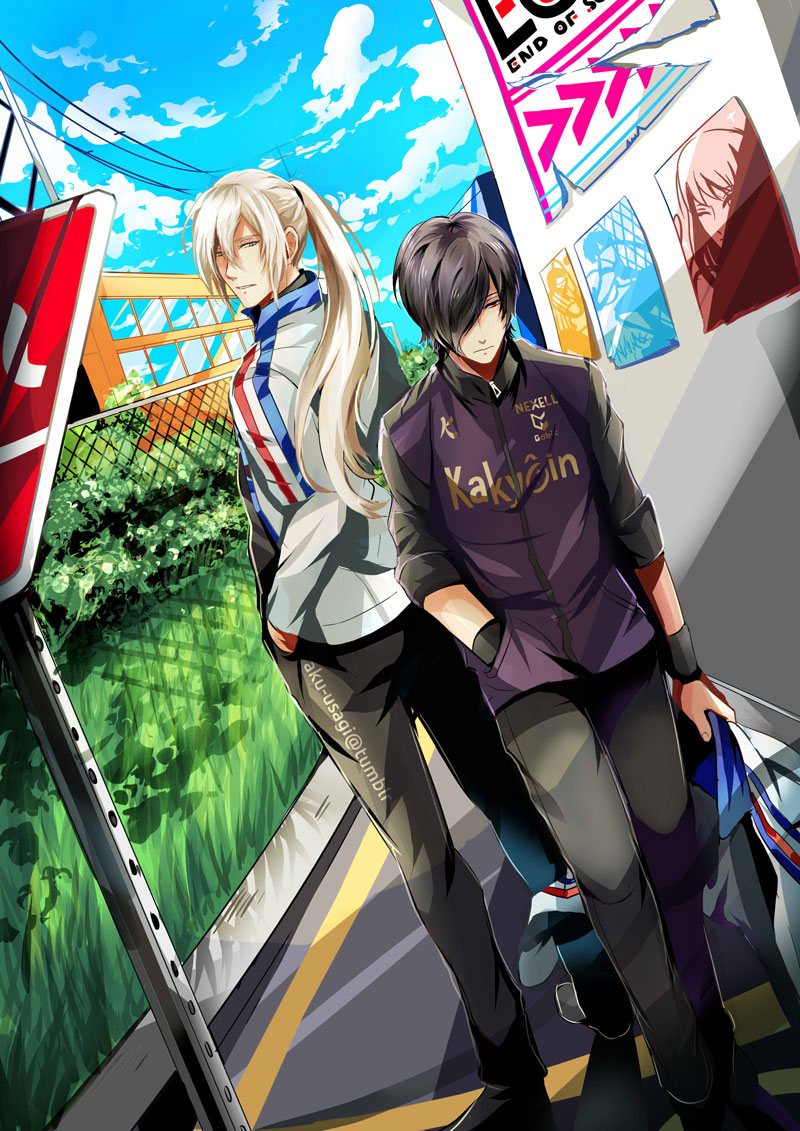 2boys, aku-usagi, artist_name, black_hair, blonde_hair, blue_sky, chain-link_fence, cloud, day, dutch_angle, fence, hair_over_one_eye, hand_in_pocket, jacket, kuga_kyosuke, male_focus, multiple_boys, outdoors, ponytail, power_lines, prince_of_stride, red_eyes, road_sign, sign, sky, standing, tomoe_yagami, track_jacket, watermark, web_address