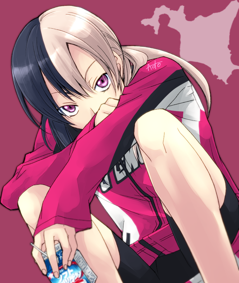 1boy, artist_name, black_hair, black_shorts, blonde_hair, carton, drink, himemiya_yuri_(prince_of_stride)