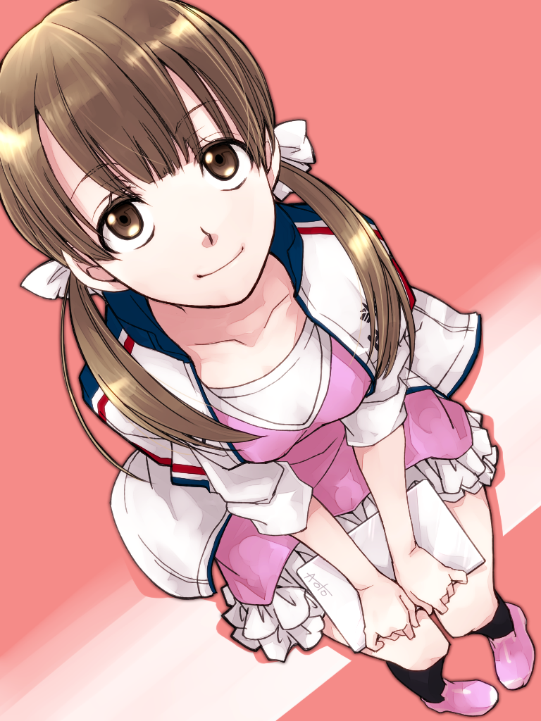 1girl, book, bow, brown_eyes, brown_hair, eyebrows, female_focus, from_above